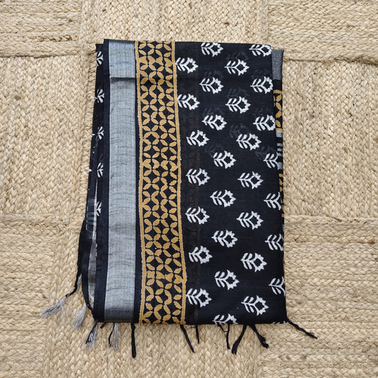 Black Block Print Linen Cotton 06