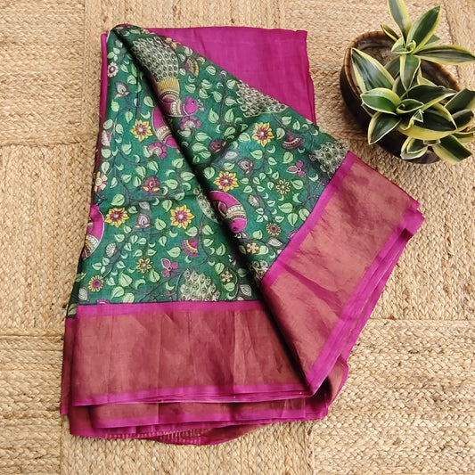 Pure Tussar Silk-Green and Magenta