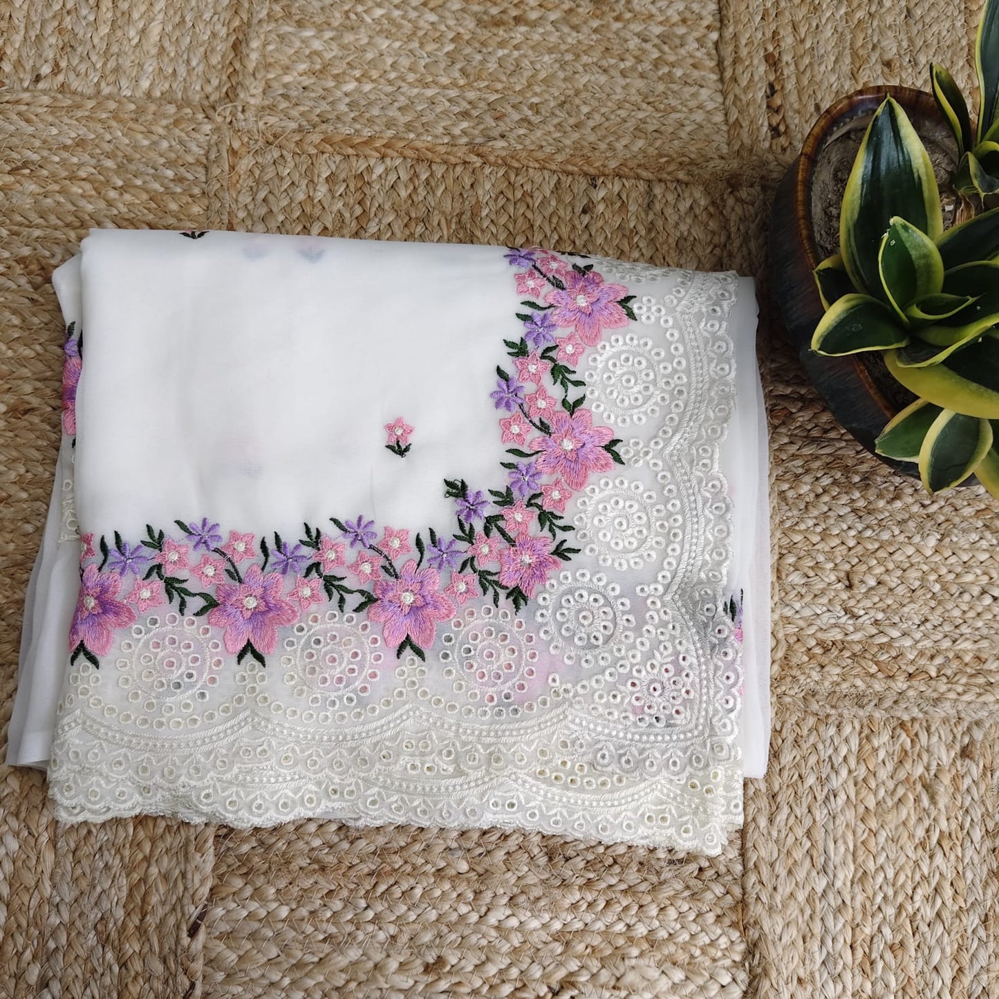 Pure Georgette- Cutwork Embroidery,White