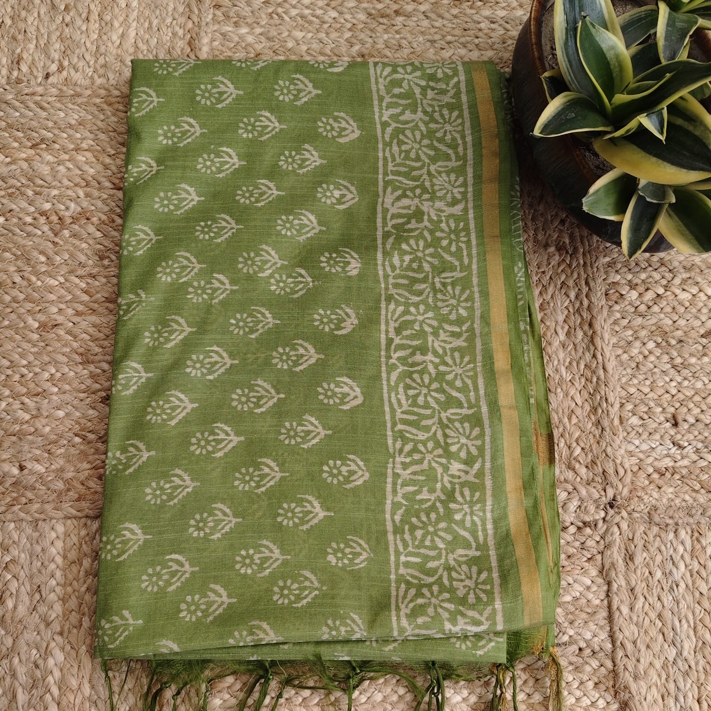 Block Print Chanderi Cotton -Green