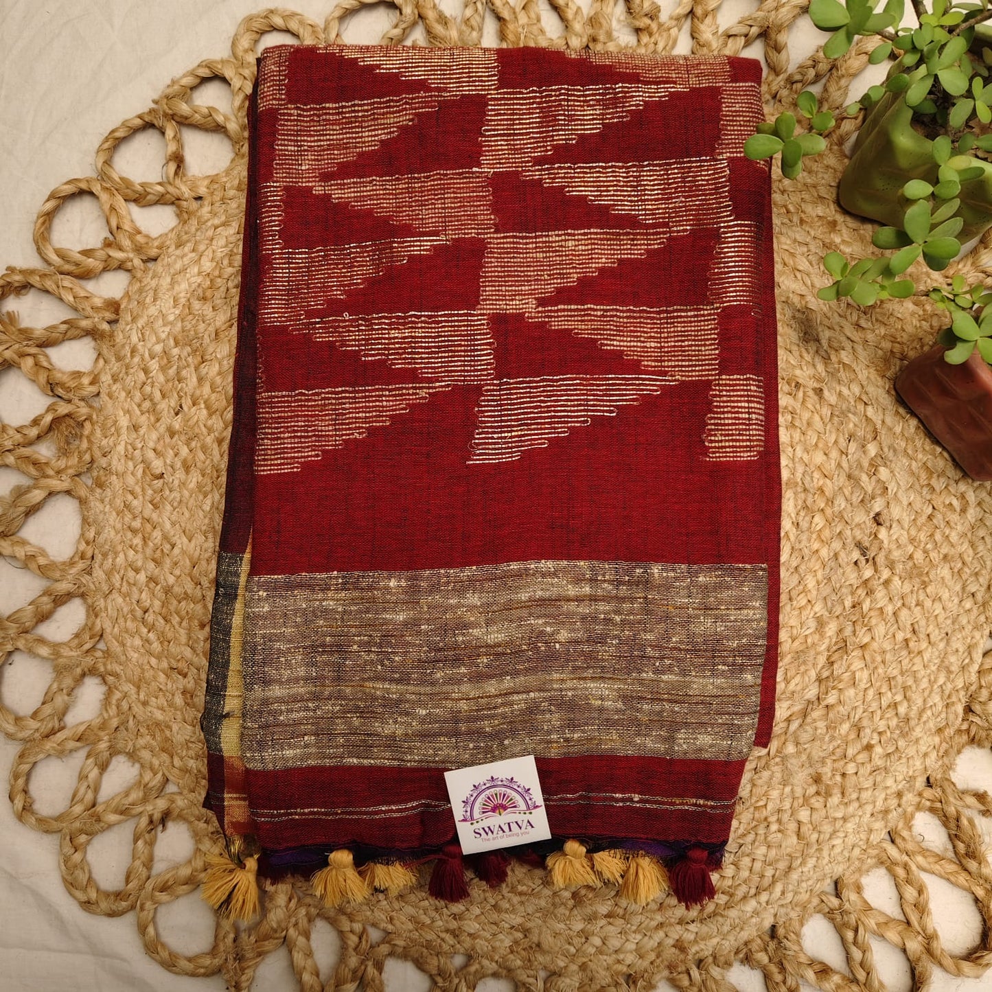 Handwoven Pure Linen by Linen - Maroon Gold