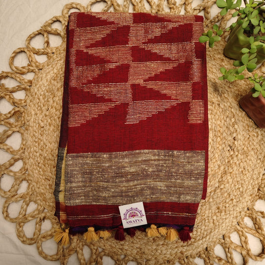 Handwoven Pure Linen by Linen - Maroon Gold