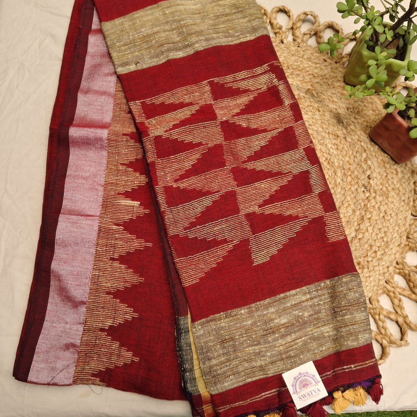 Handwoven Pure Linen by Linen - Maroon Gold