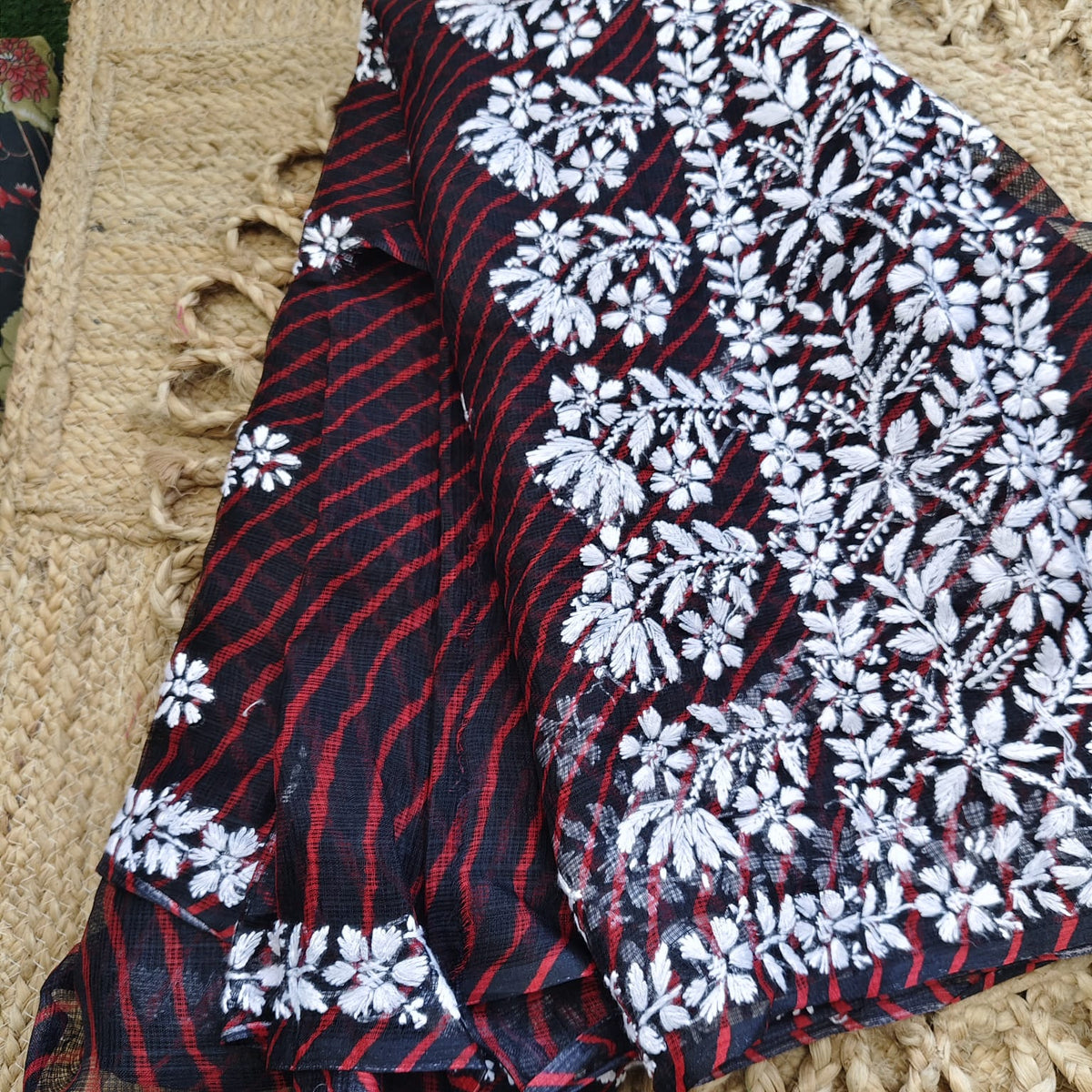 Lahariya Chikankari Kota- Black Red