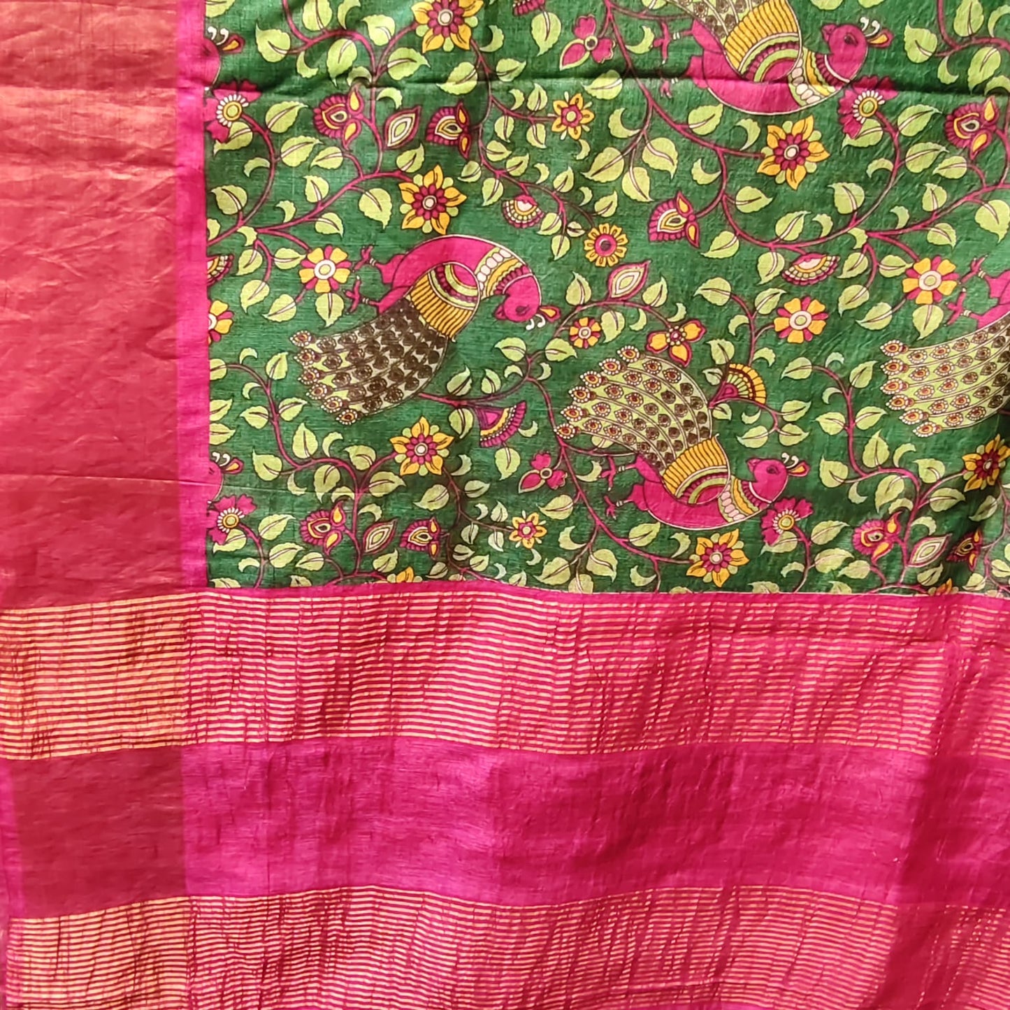 Pure Tussar Silk-Green and Magenta