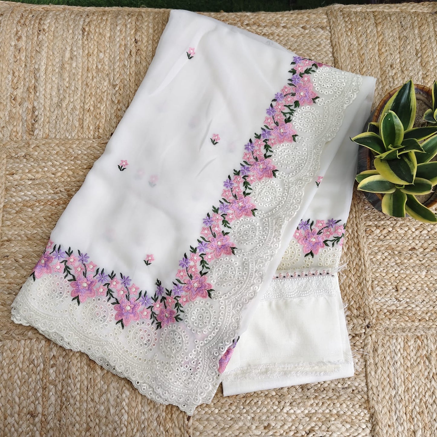 Pure Georgette- Cutwork Embroidery,White