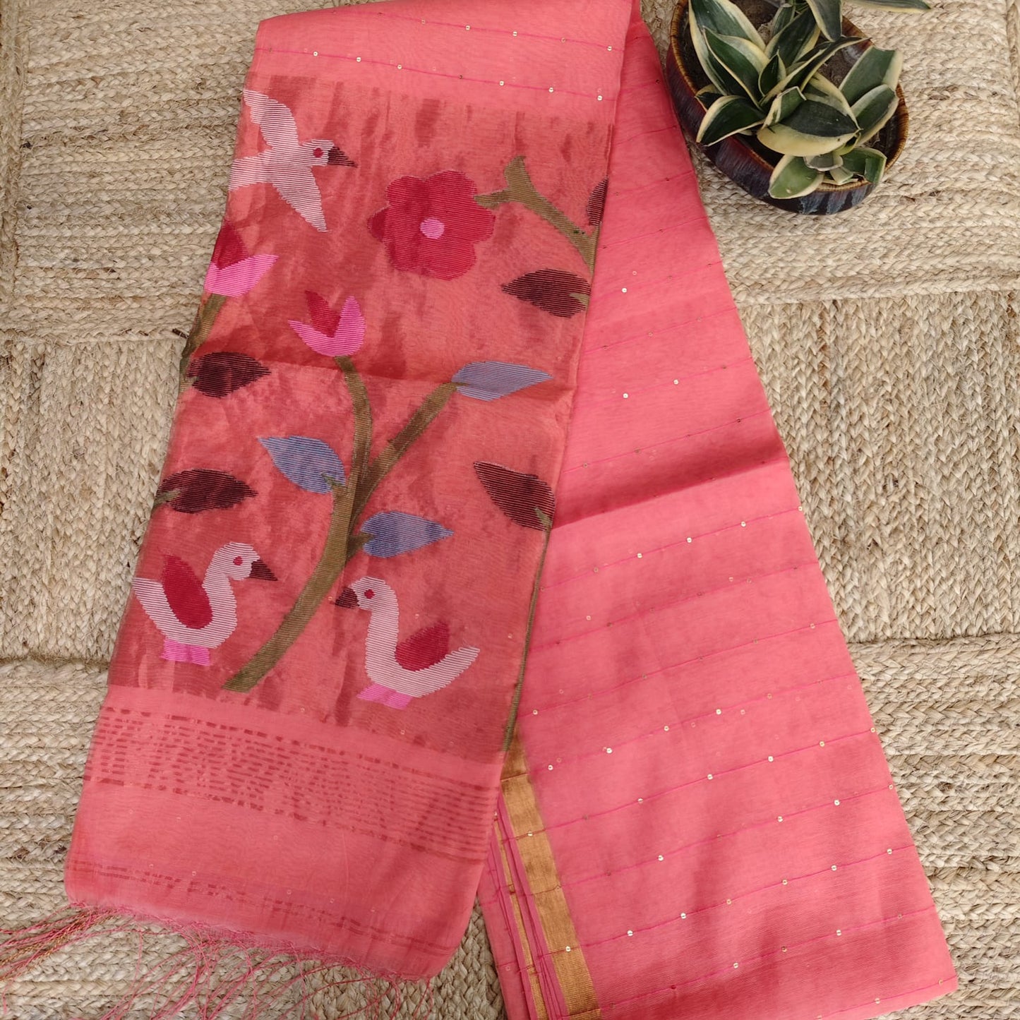 Muslin Jamdani, Paithani -Peach