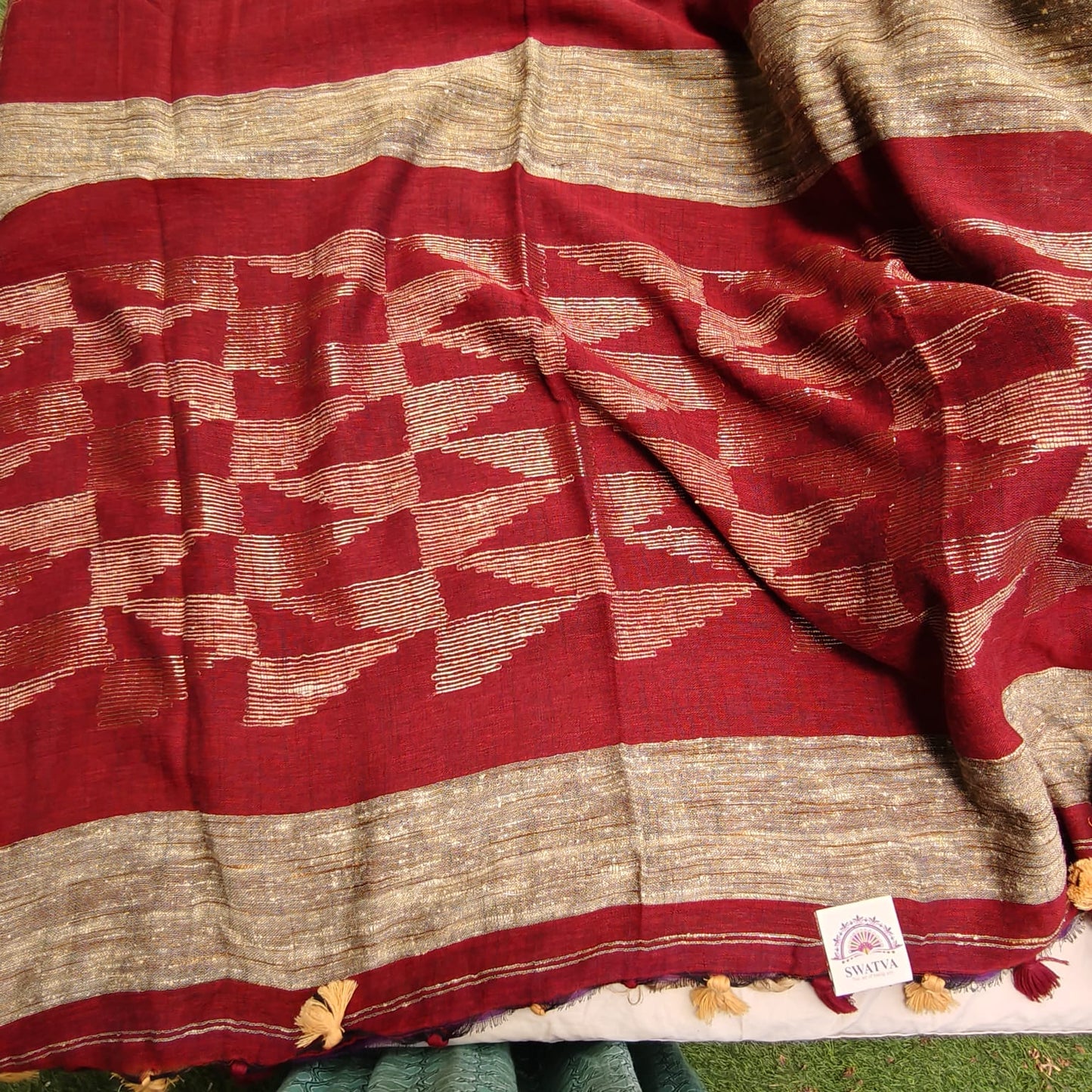 Handwoven Pure Linen by Linen - Maroon Gold