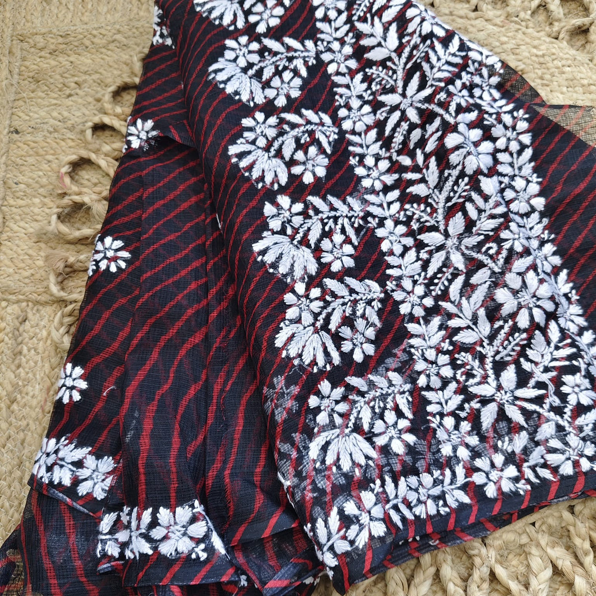 Lahariya Chikankari Kota- Black Red