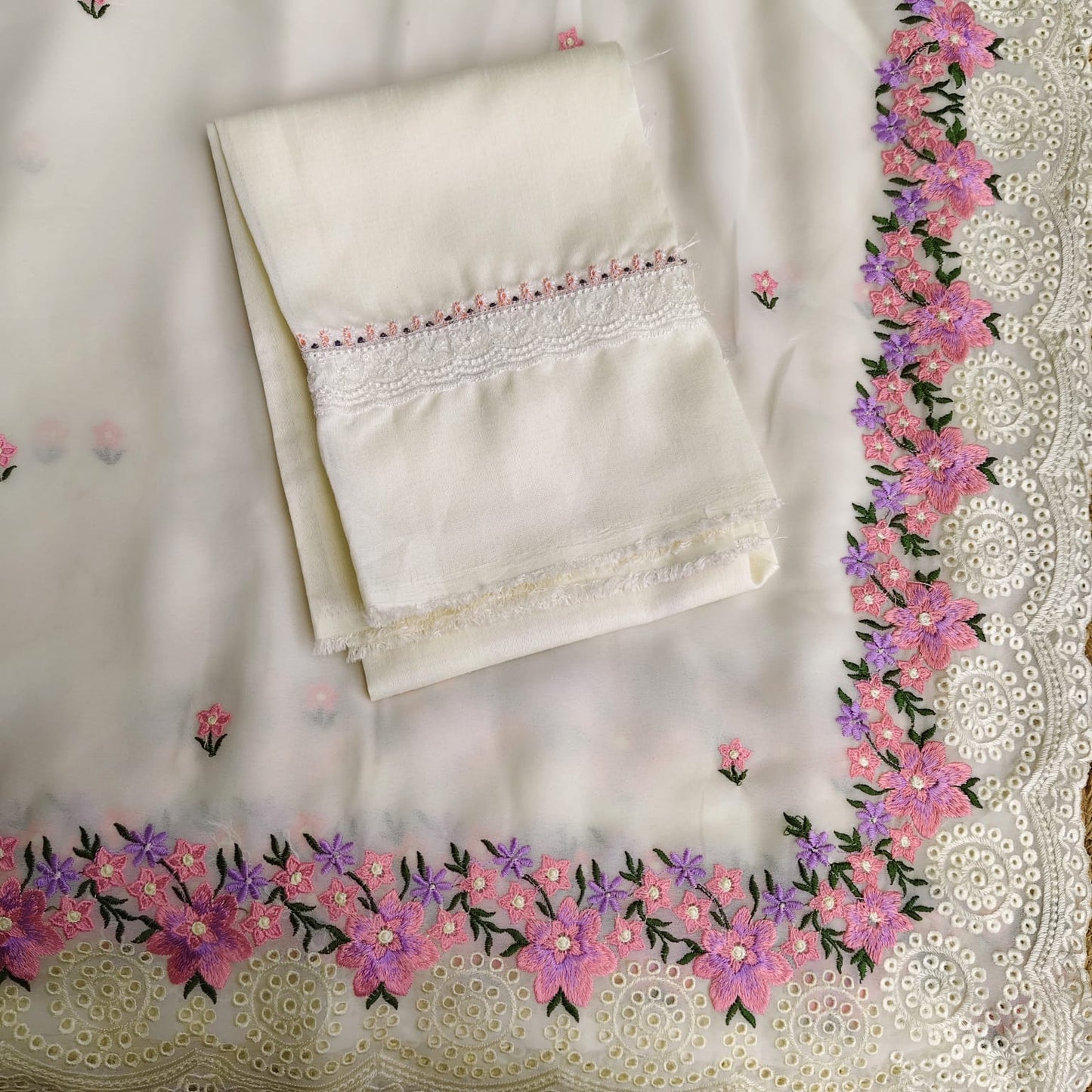 Pure Georgette- Cutwork Embroidery,White