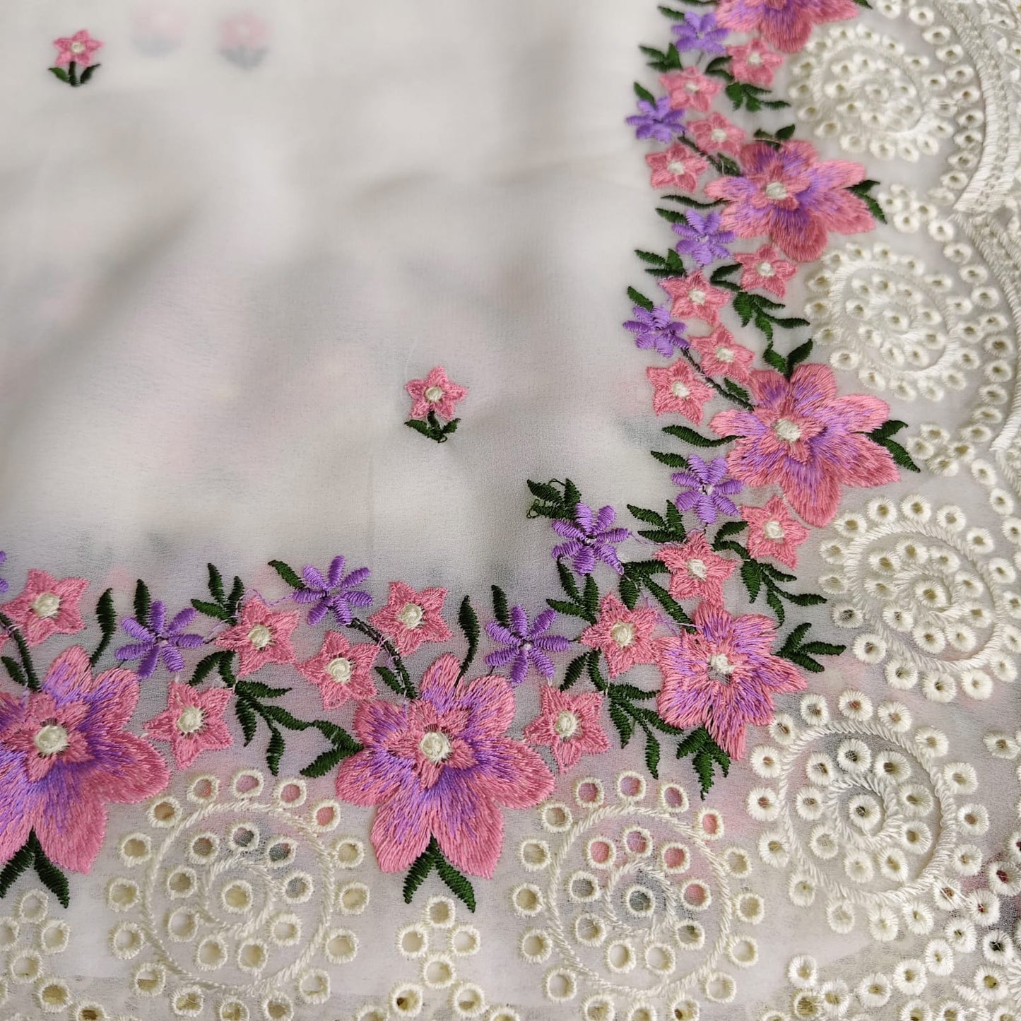 Pure Georgette- Cutwork Embroidery,White