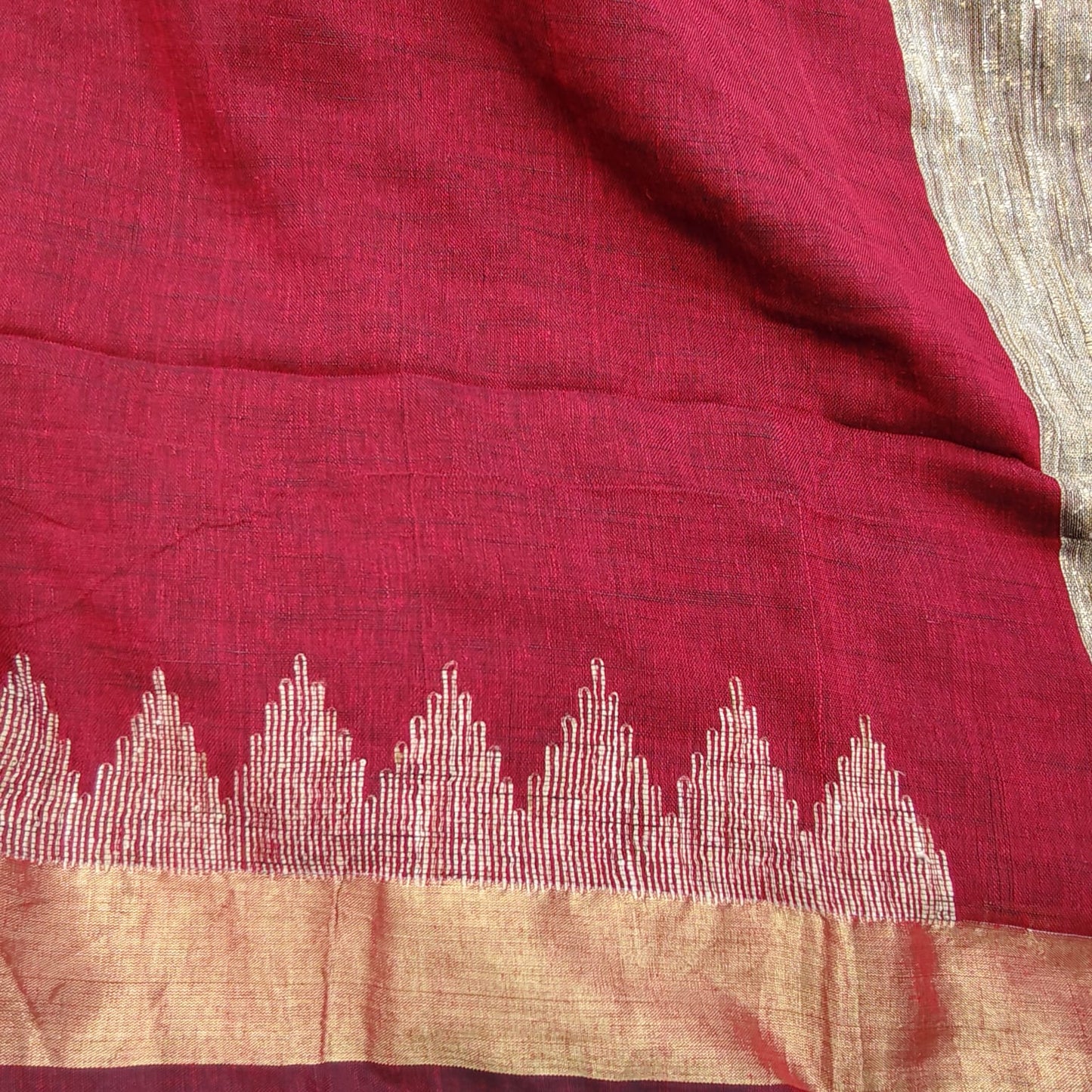 Handwoven Pure Linen by Linen - Maroon Gold