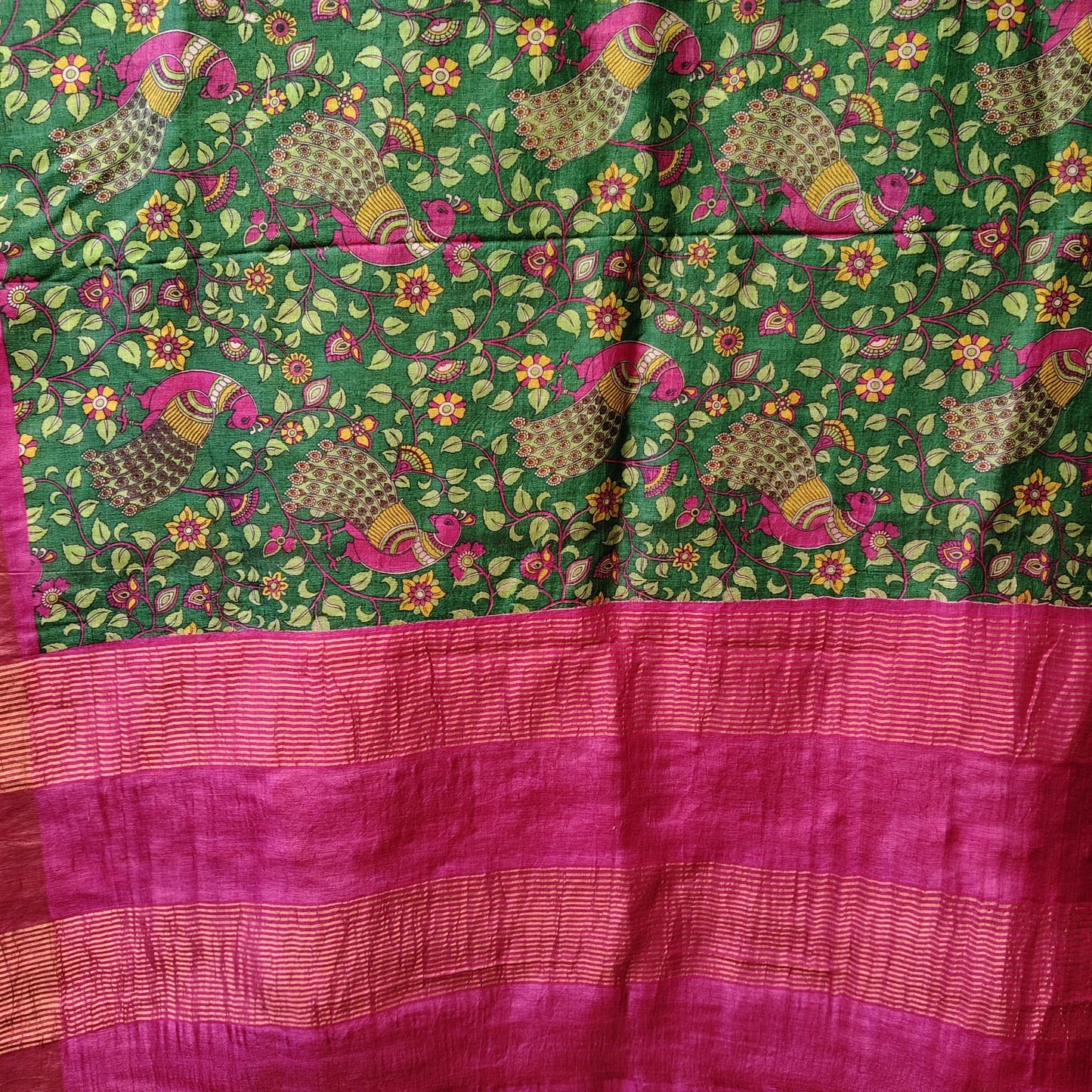 Pure Tussar Silk-Green and Magenta
