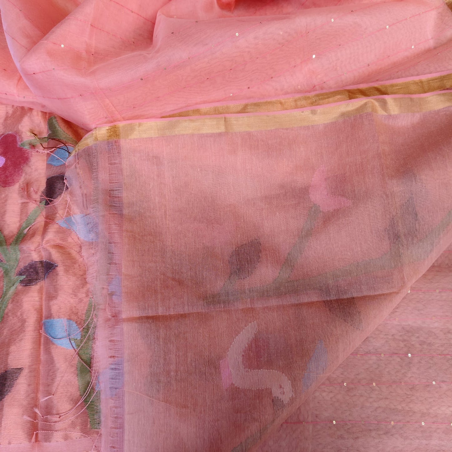 Muslin Jamdani, Paithani -Peach