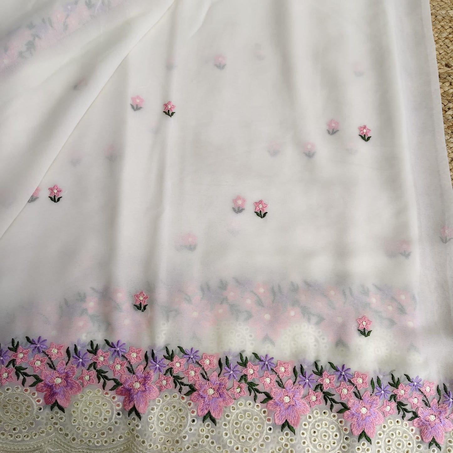 Pure Georgette- Cutwork Embroidery,White