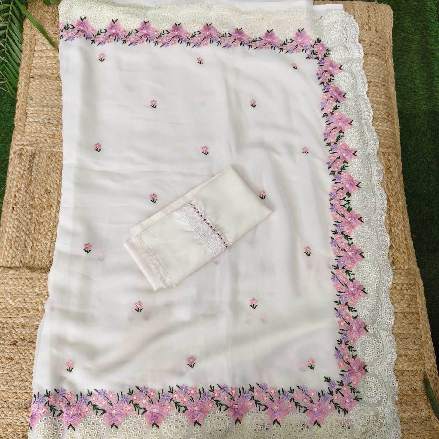 Pure Georgette- Cutwork Embroidery,White