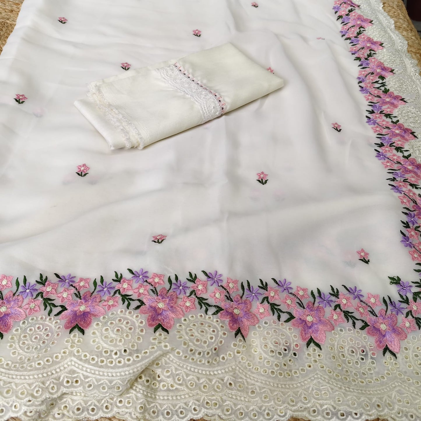 Pure Georgette- Cutwork Embroidery,White