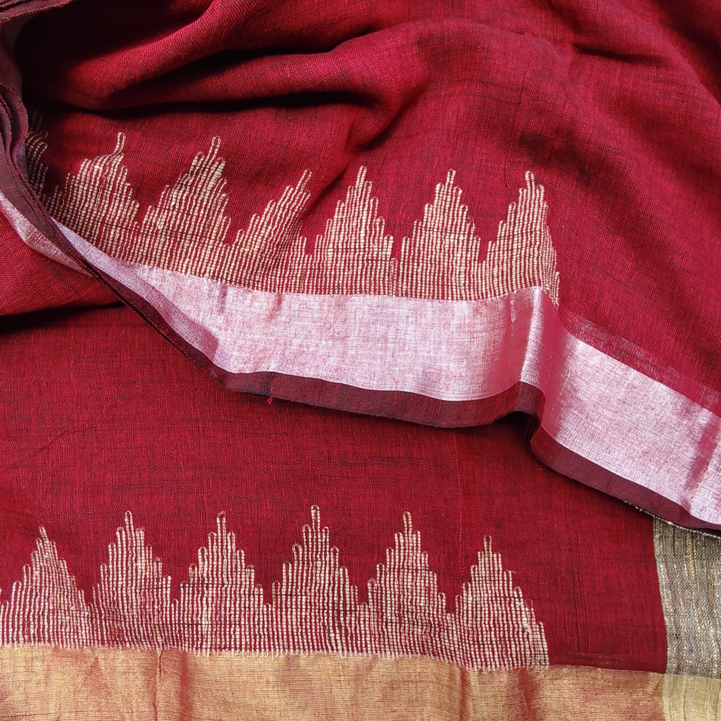 Handwoven Pure Linen by Linen - Maroon Gold