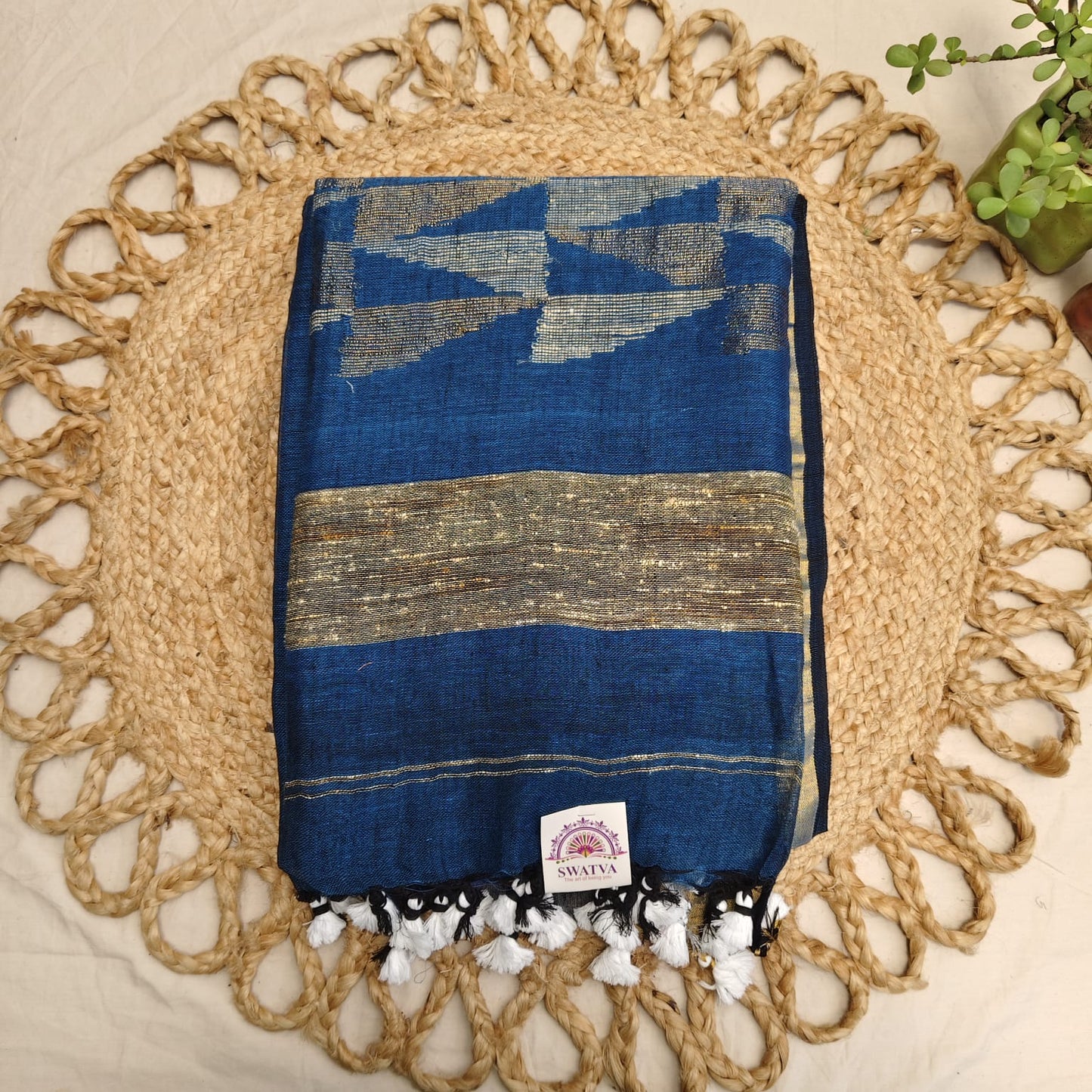 Handwoven Pure Linen by Linen - Peacock Blue Gold