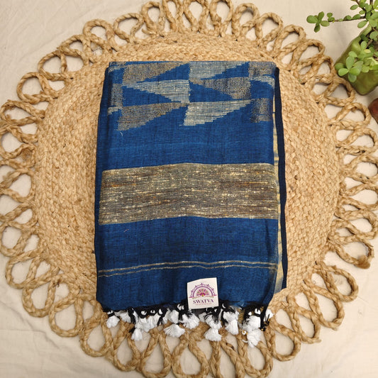 Handwoven Pure Linen by Linen - Peacock Blue Gold