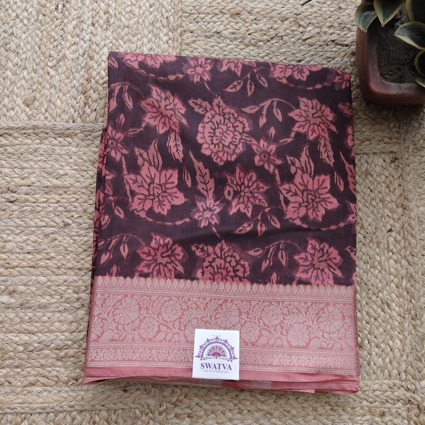 Block Print Chanderi Silk, Deep Brown-Rust