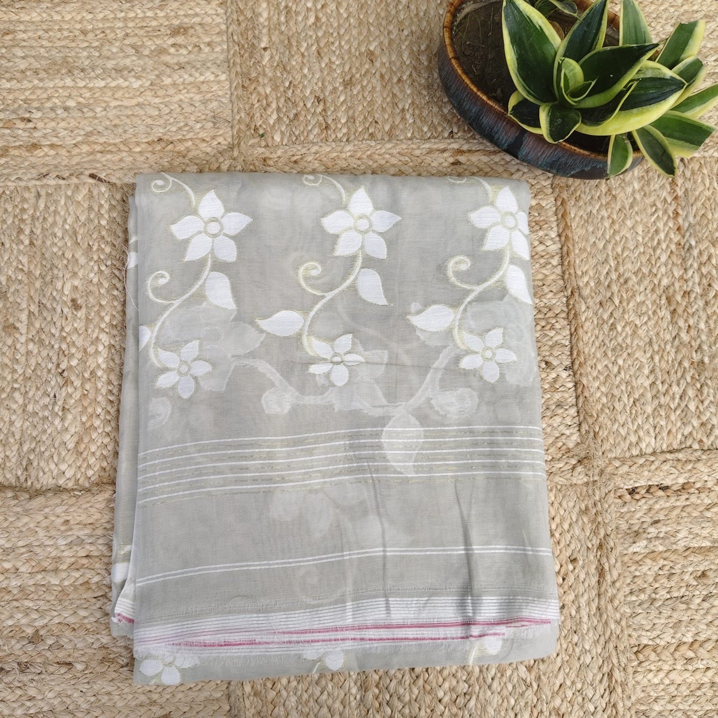 Muslin Cotton Jamdani - Grey White