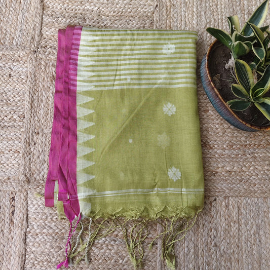 Handwoven Tissue Cotton Jamdani - Lime Green