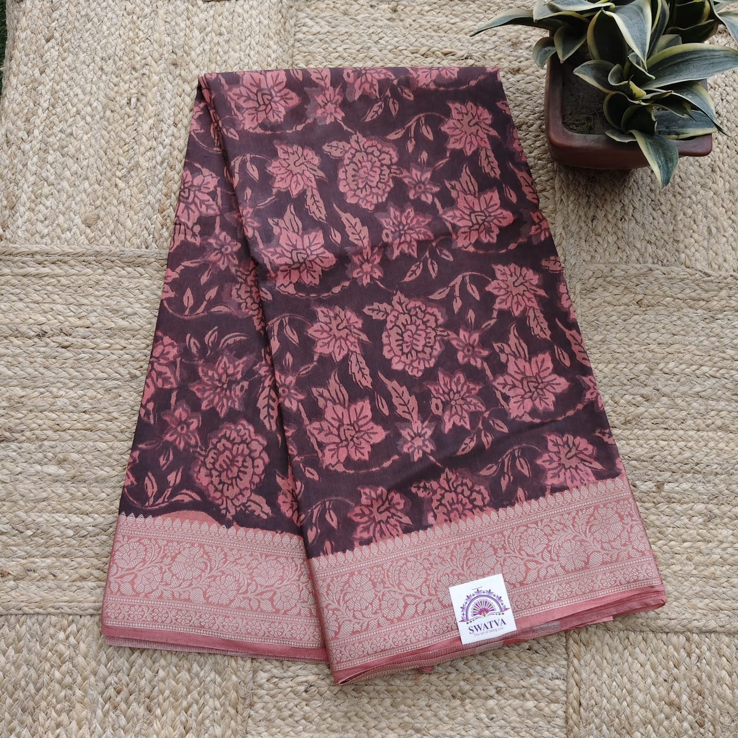Block Print Chanderi Silk, Deep Brown-Rust
