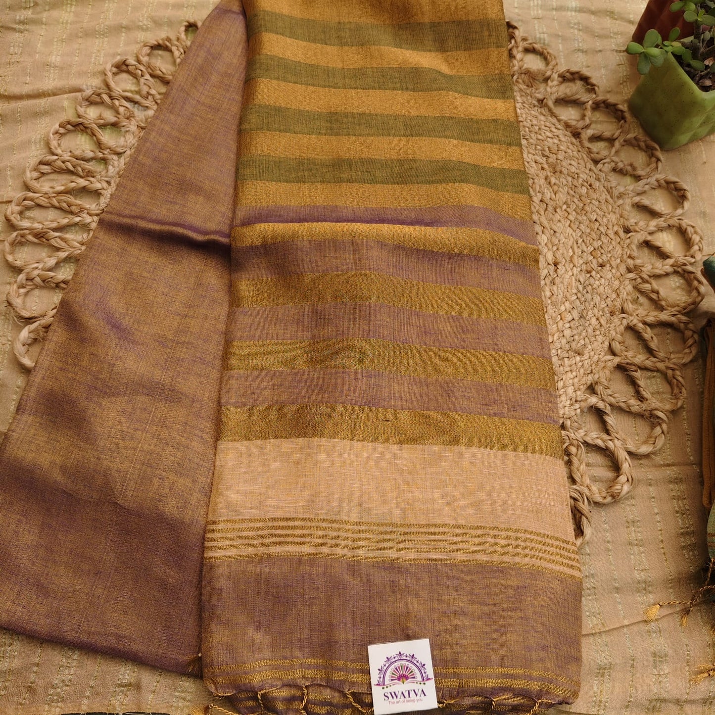 Tissue Linen Striped Aanchal, Mauve