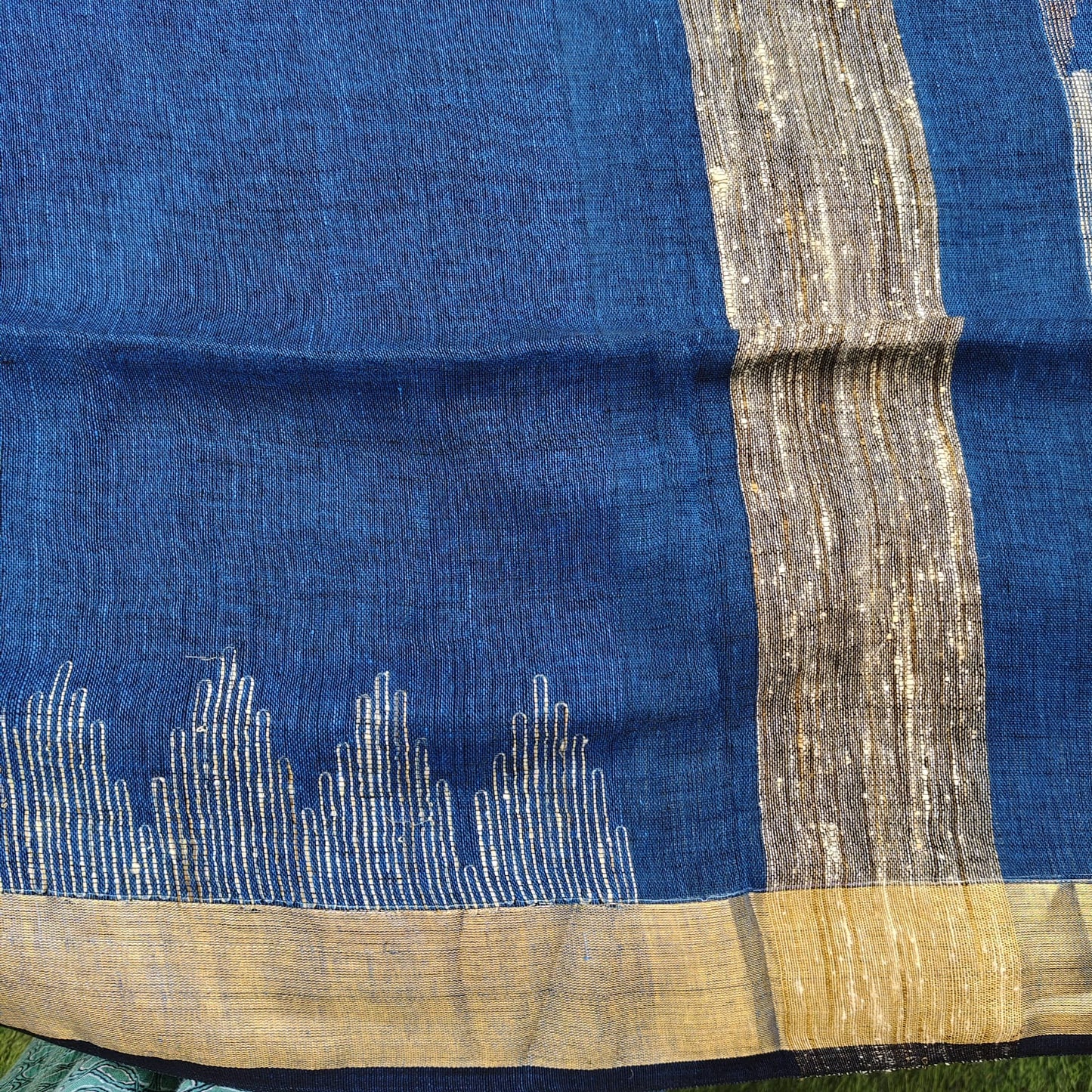 Handwoven Pure Linen by Linen - Peacock Blue Gold