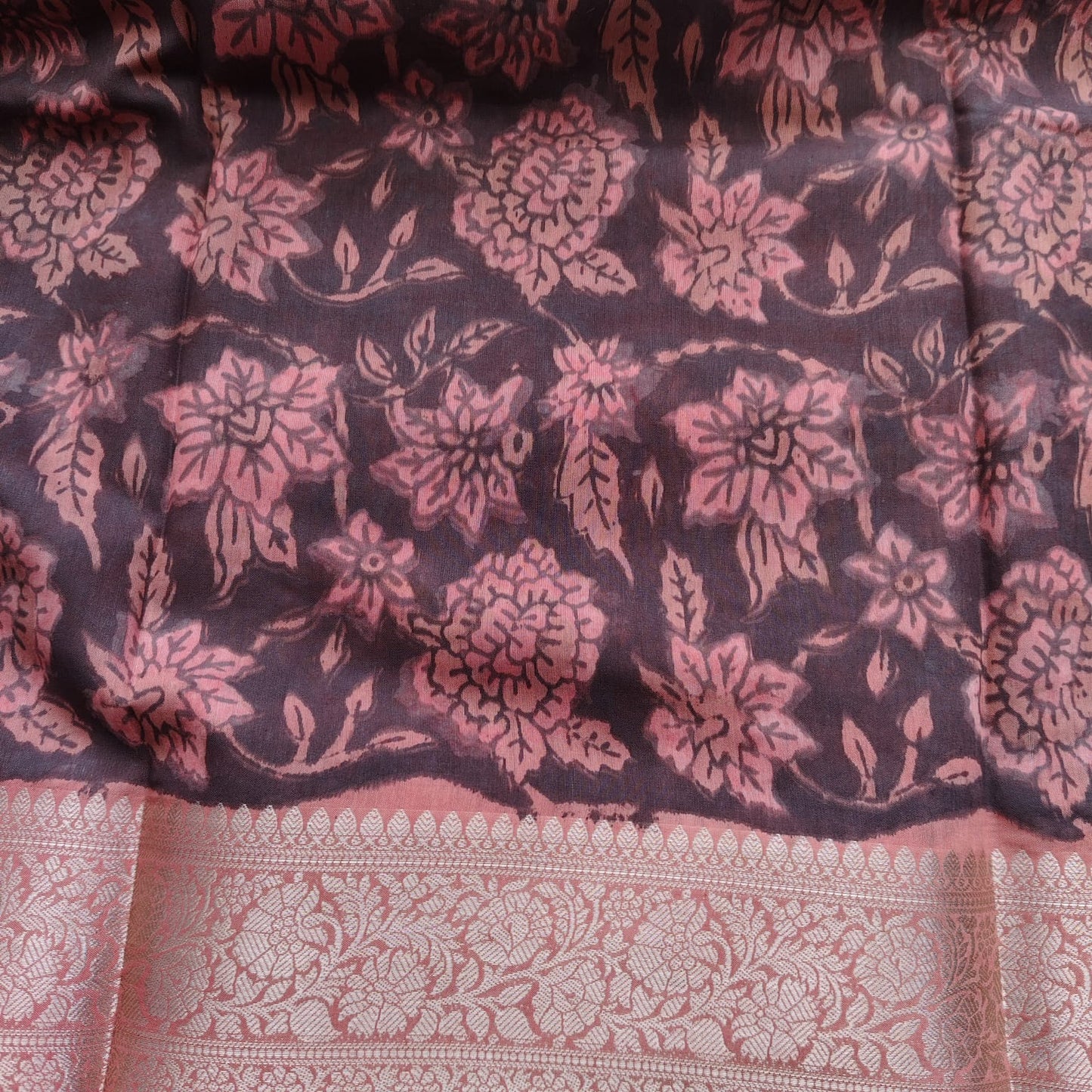 Block Print Chanderi Silk, Deep Brown-Rust