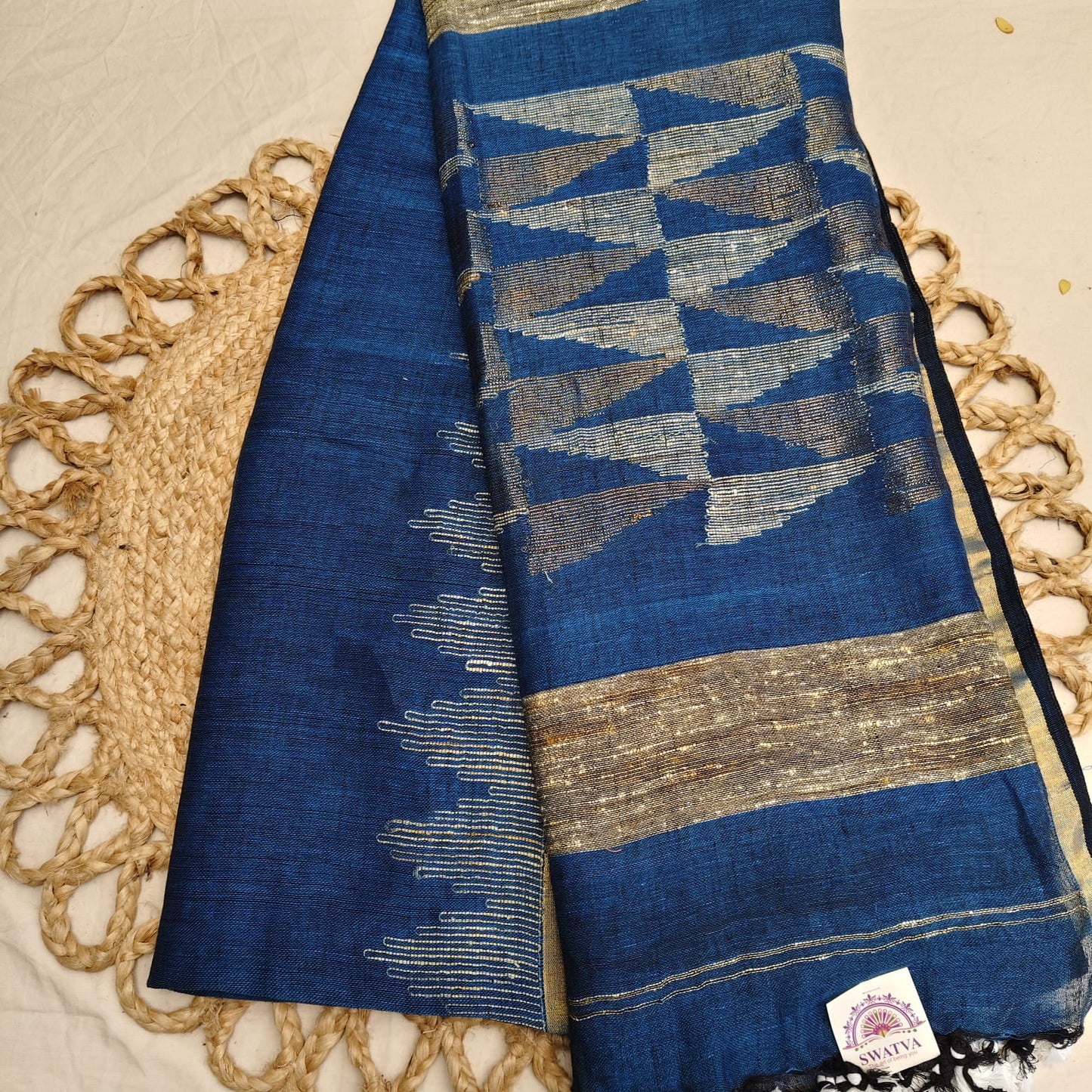 Handwoven Pure Linen by Linen - Peacock Blue Gold