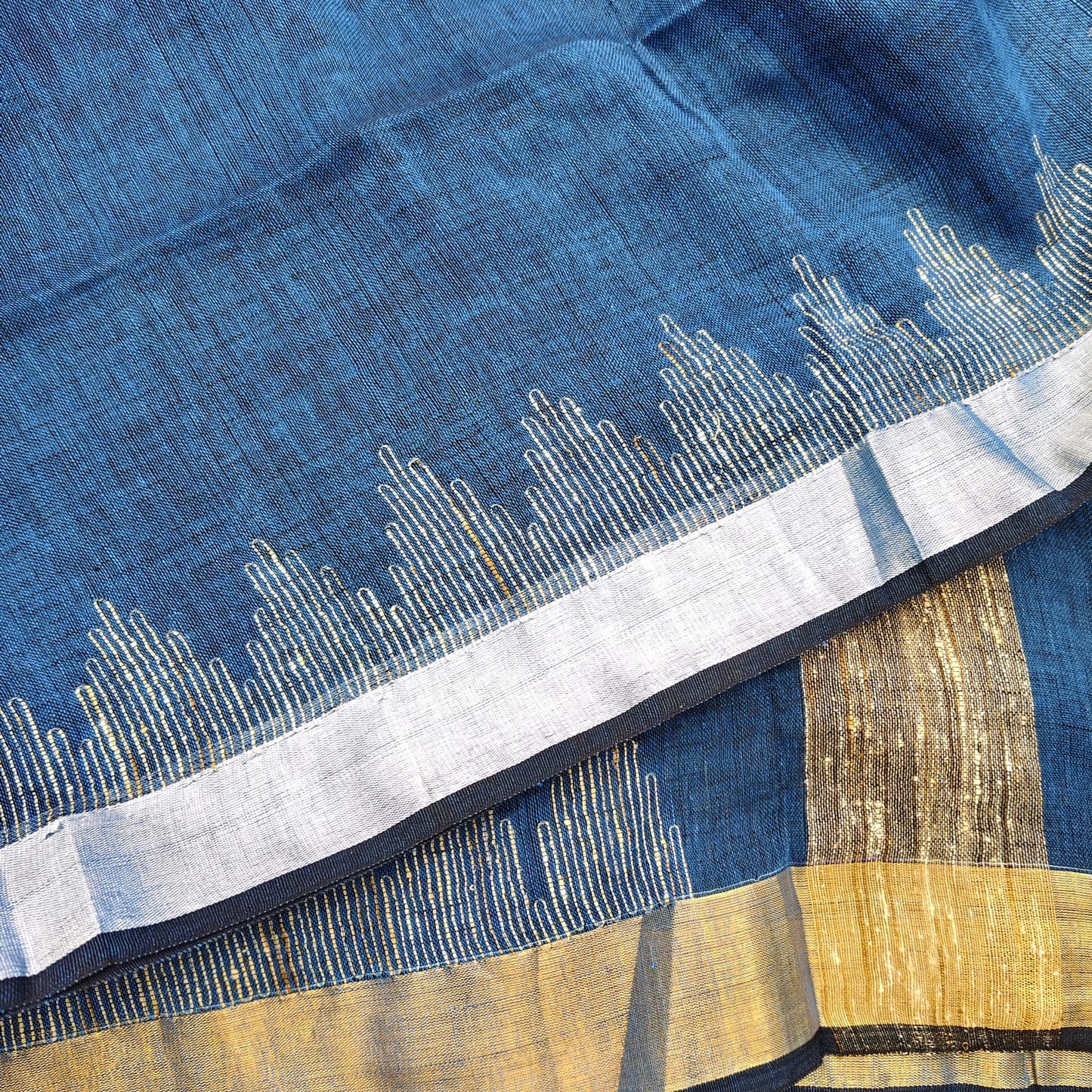 Handwoven Pure Linen by Linen - Peacock Blue Gold