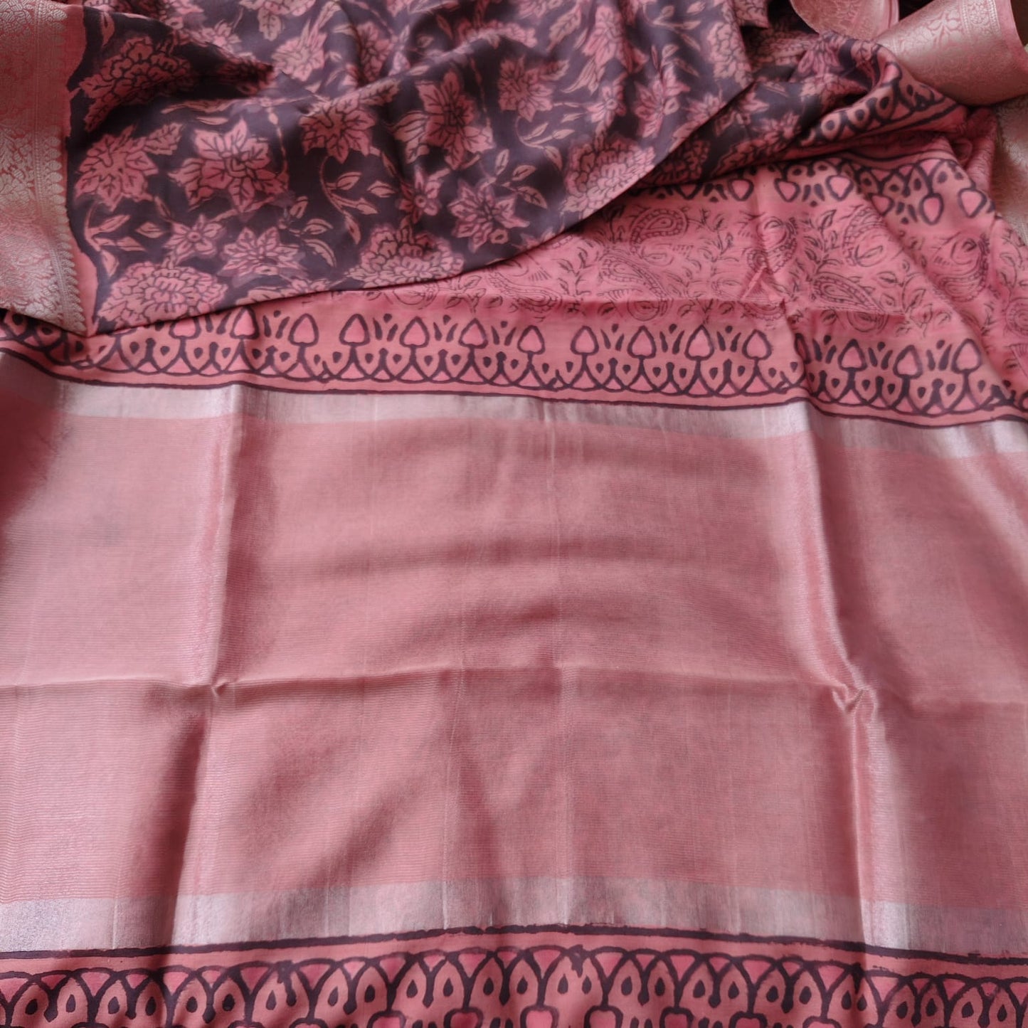 Block Print Chanderi Silk, Deep Brown-Rust