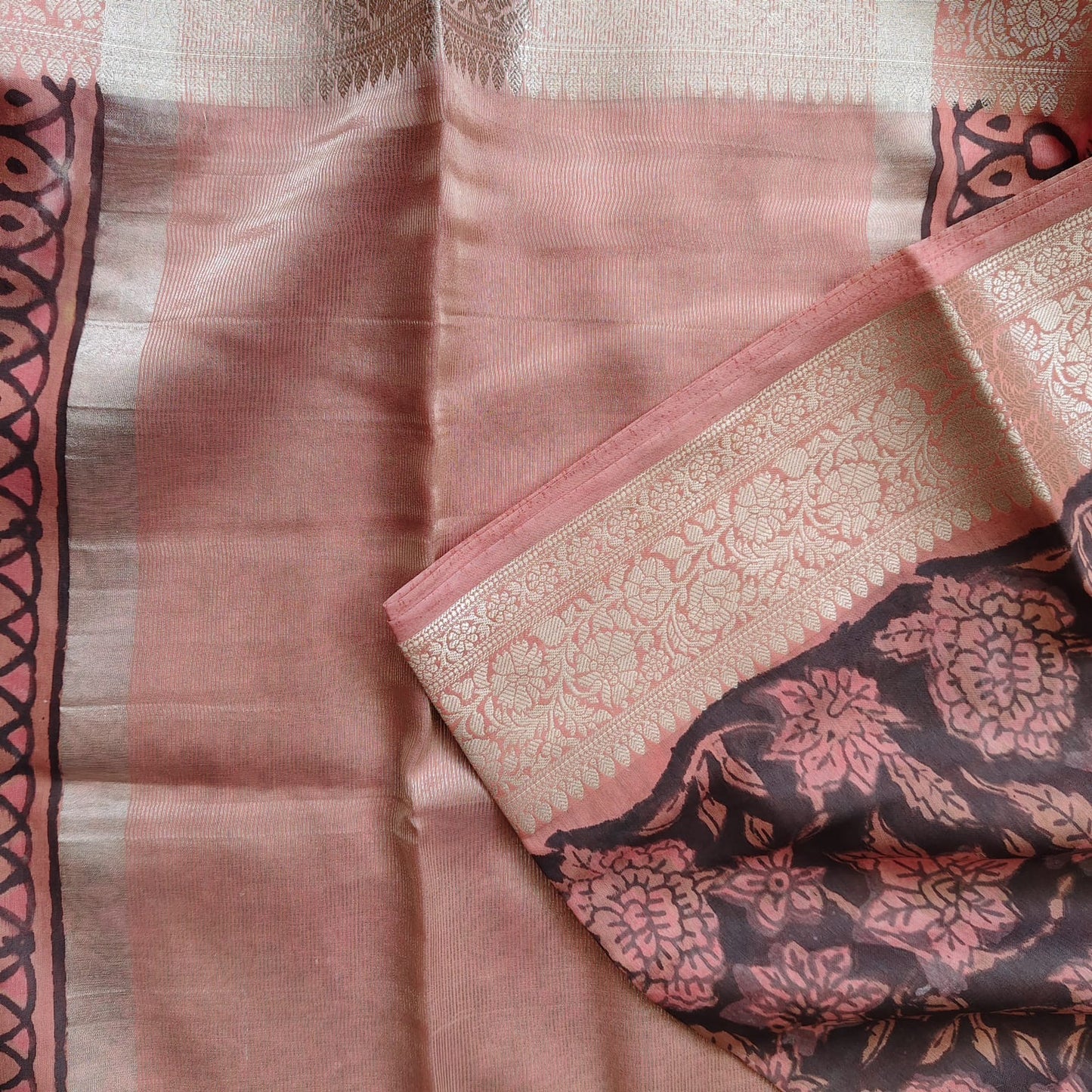 Block Print Chanderi Silk, Deep Brown-Rust