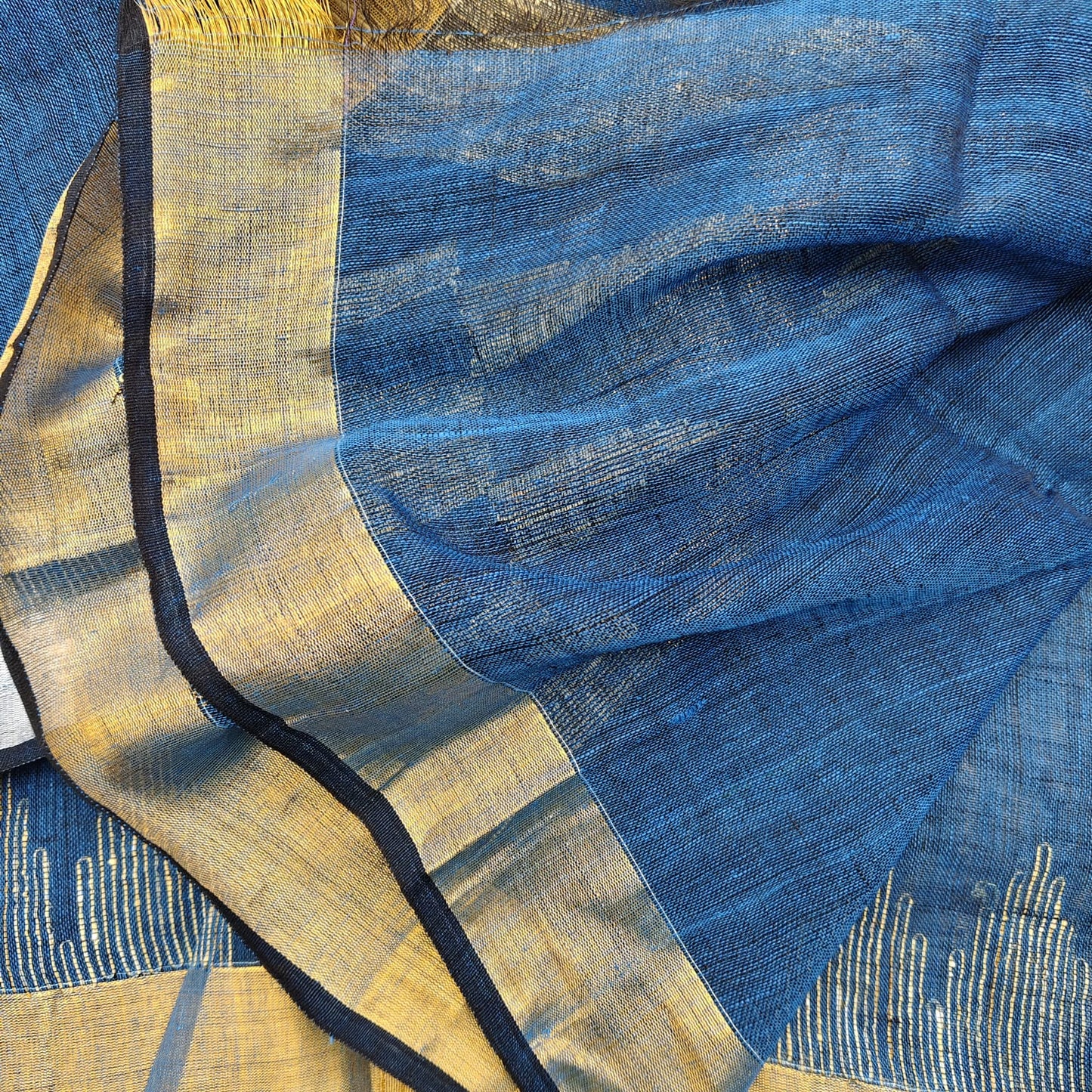 Handwoven Pure Linen by Linen - Peacock Blue Gold