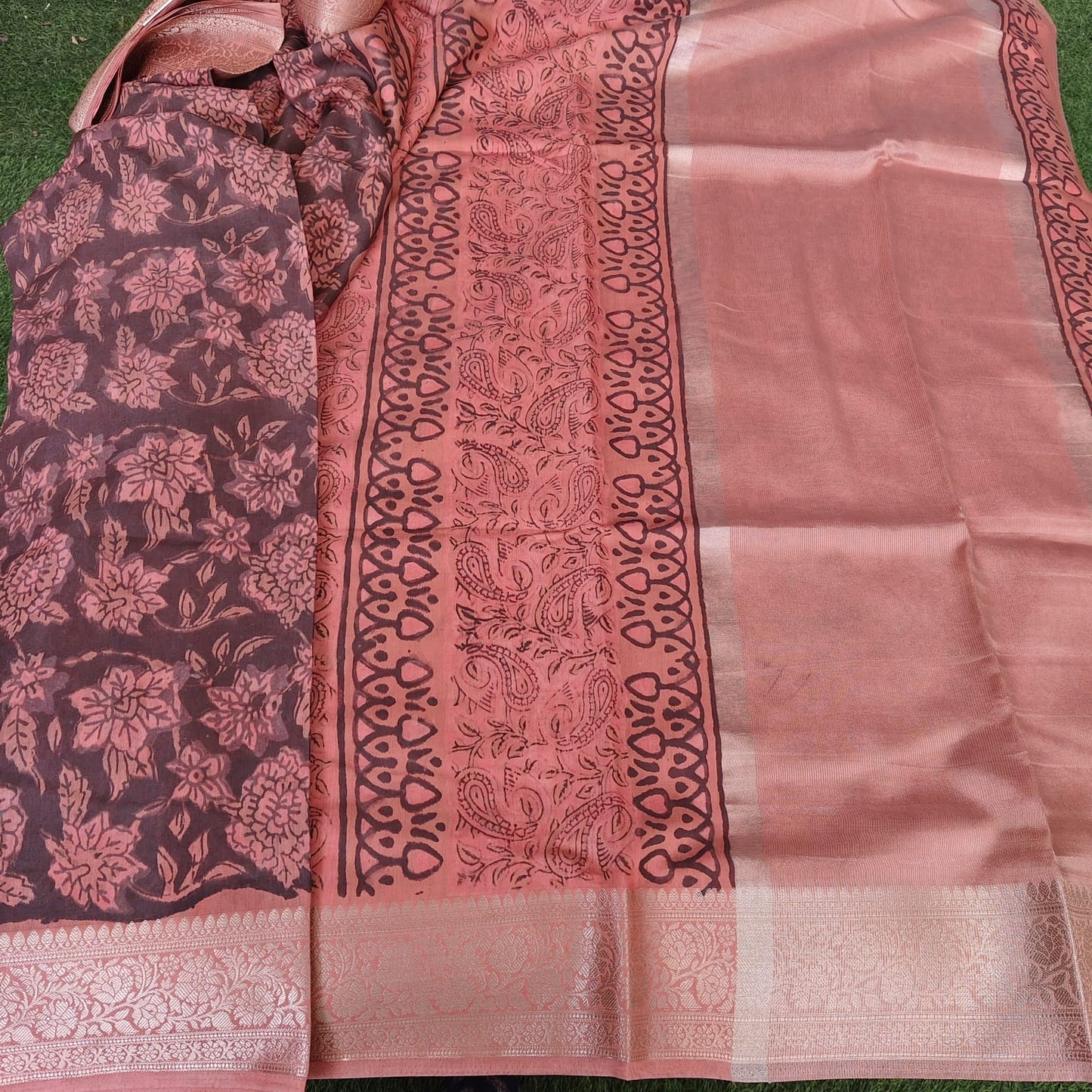 Block Print Chanderi Silk, Deep Brown-Rust