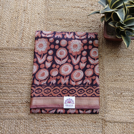Block Print Chanderi Silk- Deep Brown- Chiku