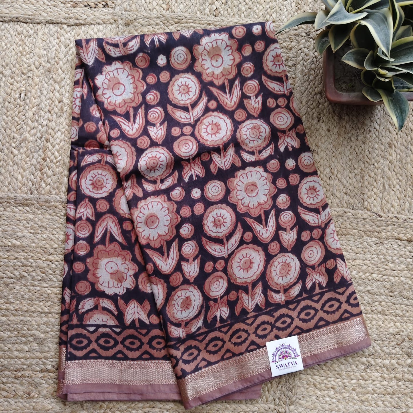 Block Print Chanderi Silk- Deep Brown- Chiku