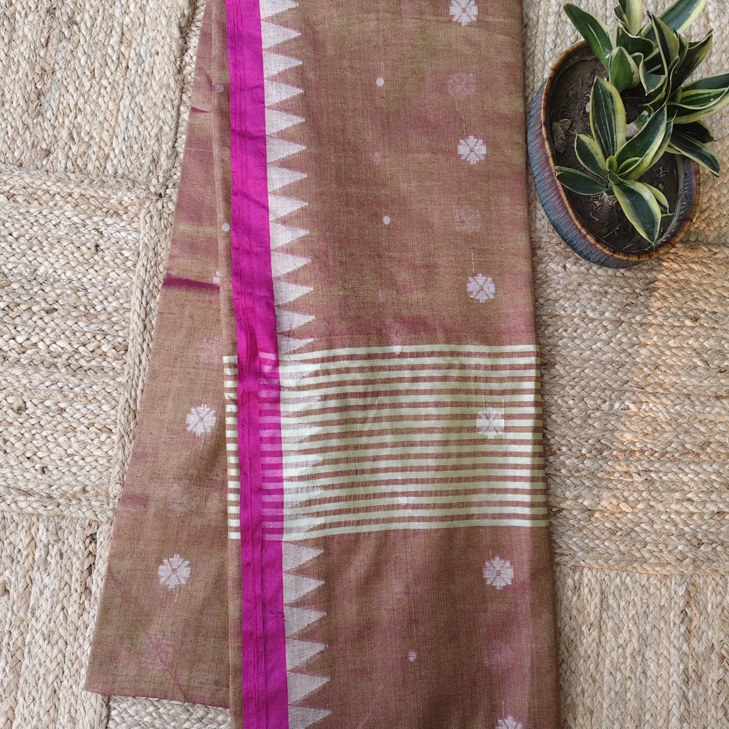 Handwoven Tissue Cotton Jamdani - Golden Brown