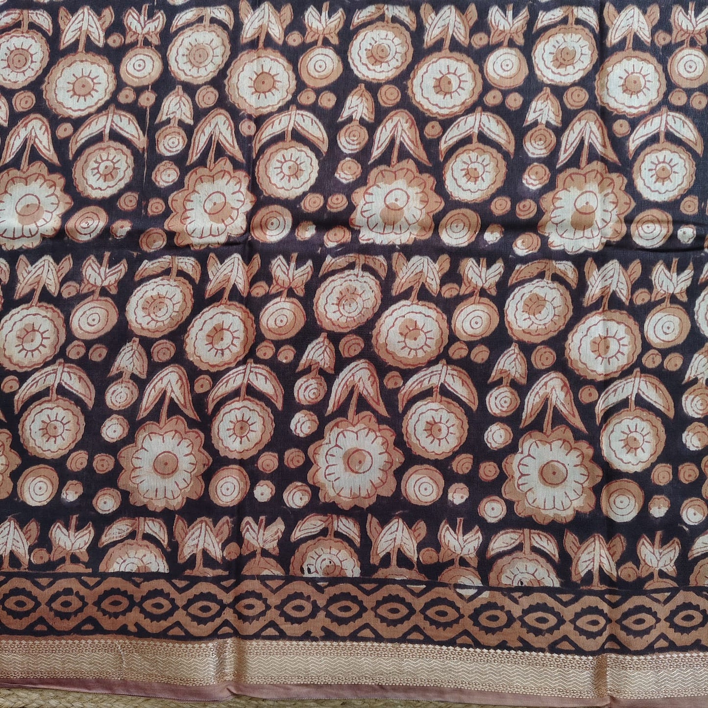 Block Print Chanderi Silk- Deep Brown- Chiku