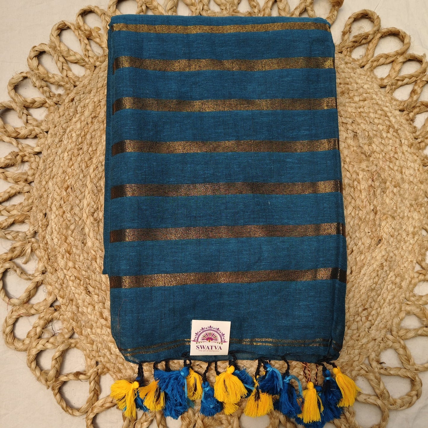 Linen with Zari Stripes -Teal Blue