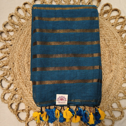 Linen with Zari Stripes -Teal Blue