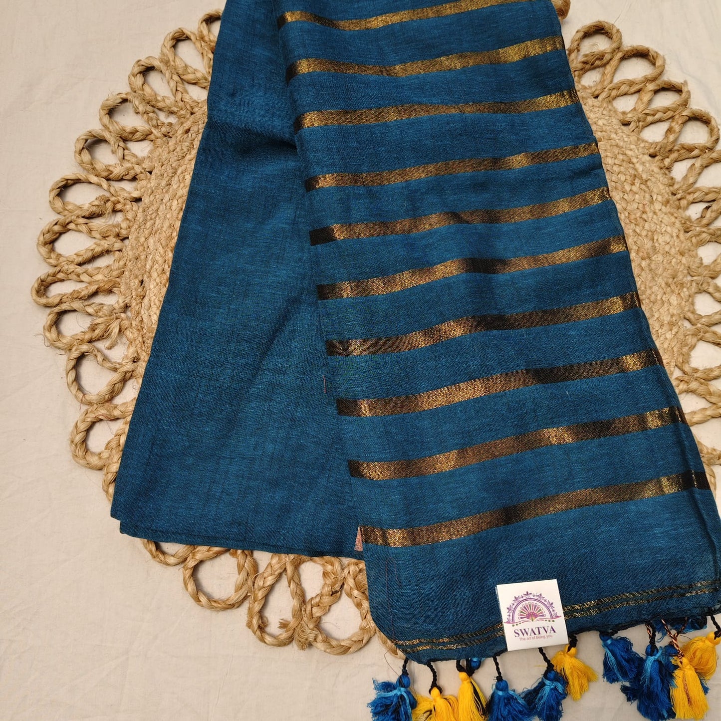 Linen with Zari Stripes -Teal Blue