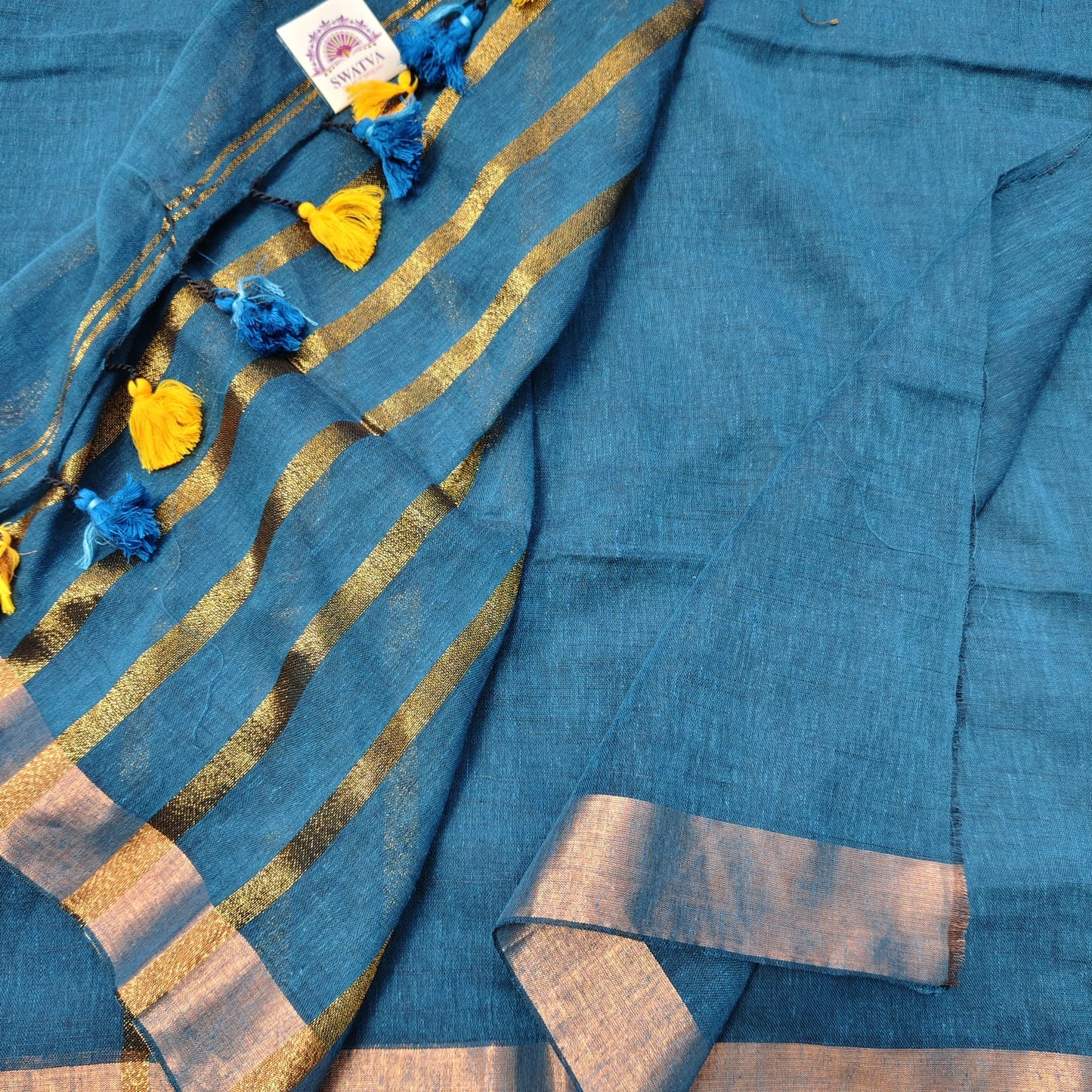 Linen with Zari Stripes -Teal Blue