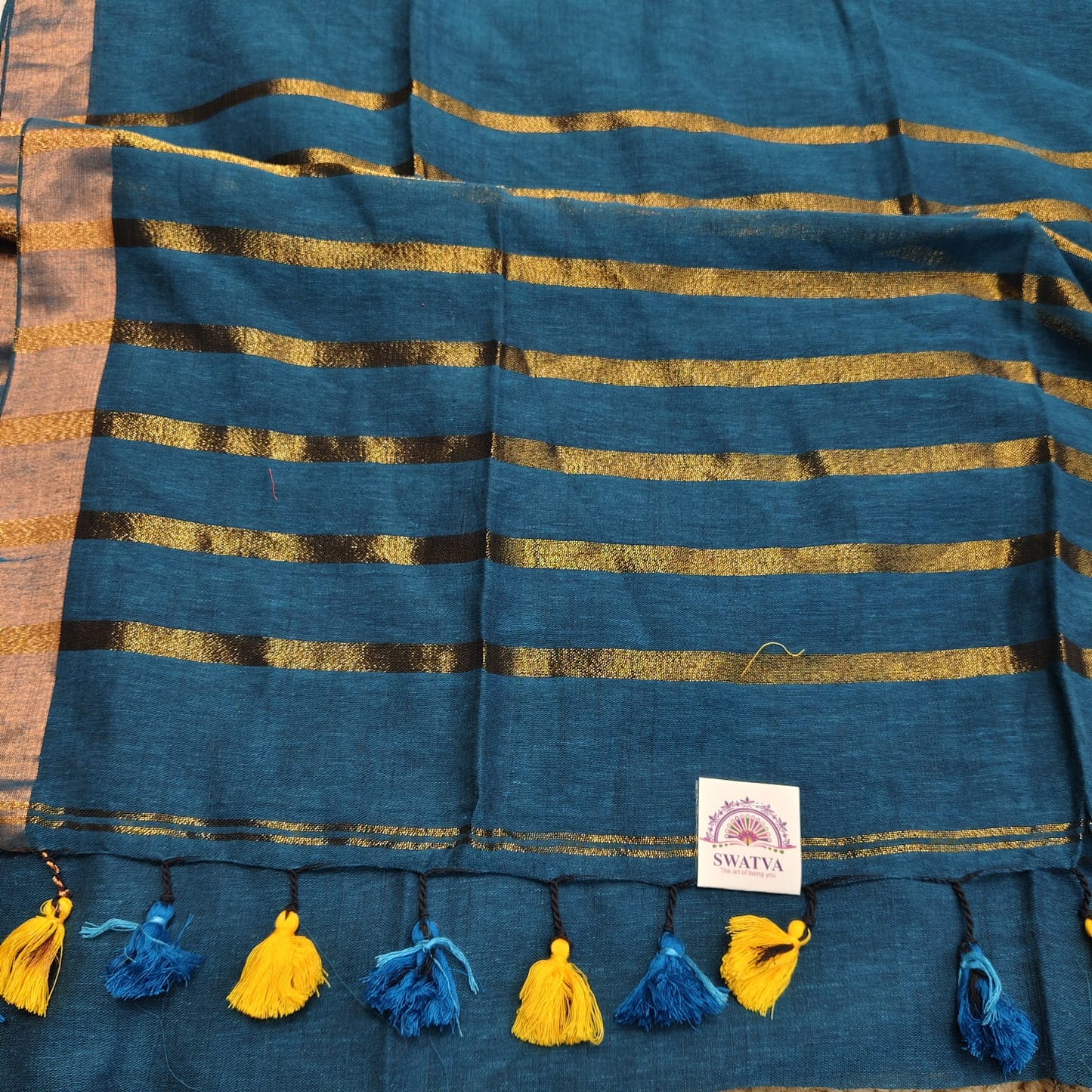Linen with Zari Stripes -Teal Blue