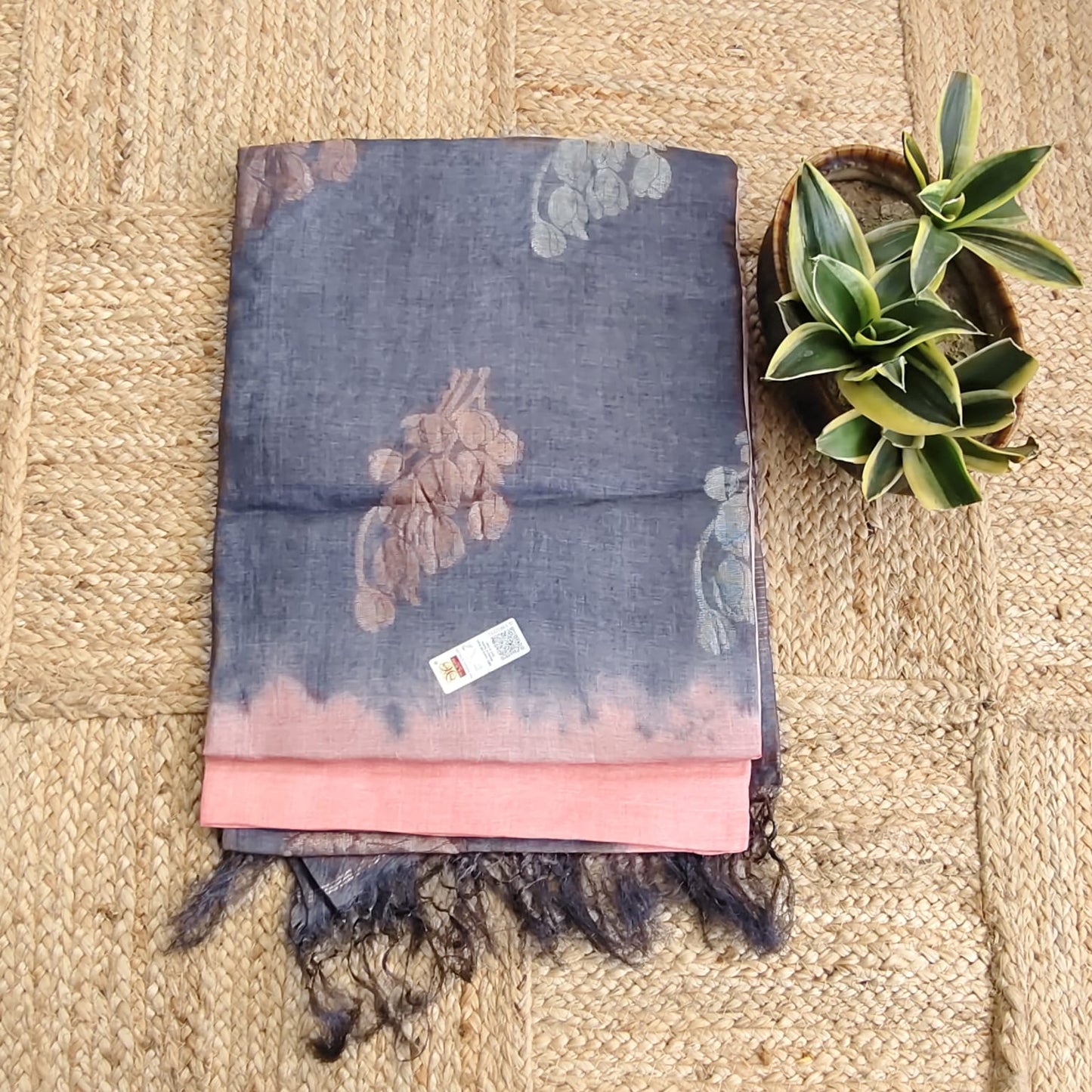 Pure Tussar Silk- Peach and Gray