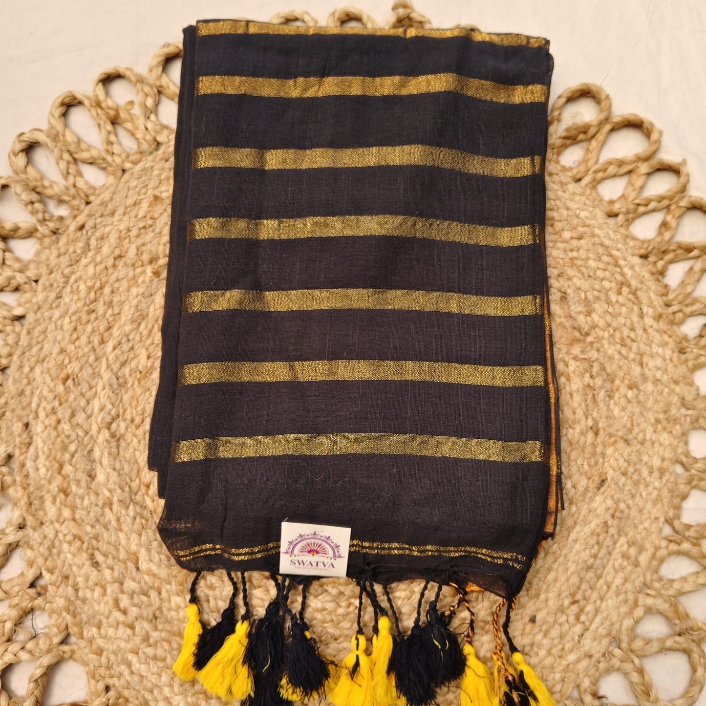 Linen with Zari Stripes - Black