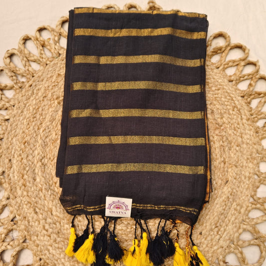 Linen with Zari Stripes - Black