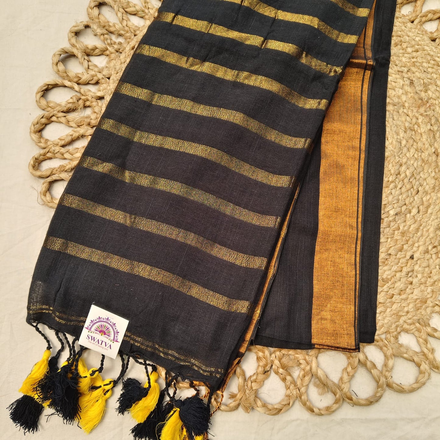 Linen with Zari Stripes - Black